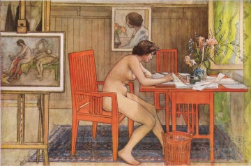 カール・ラーソン Painting - ポストカードを書くモデル 1906 カール・ラーソン